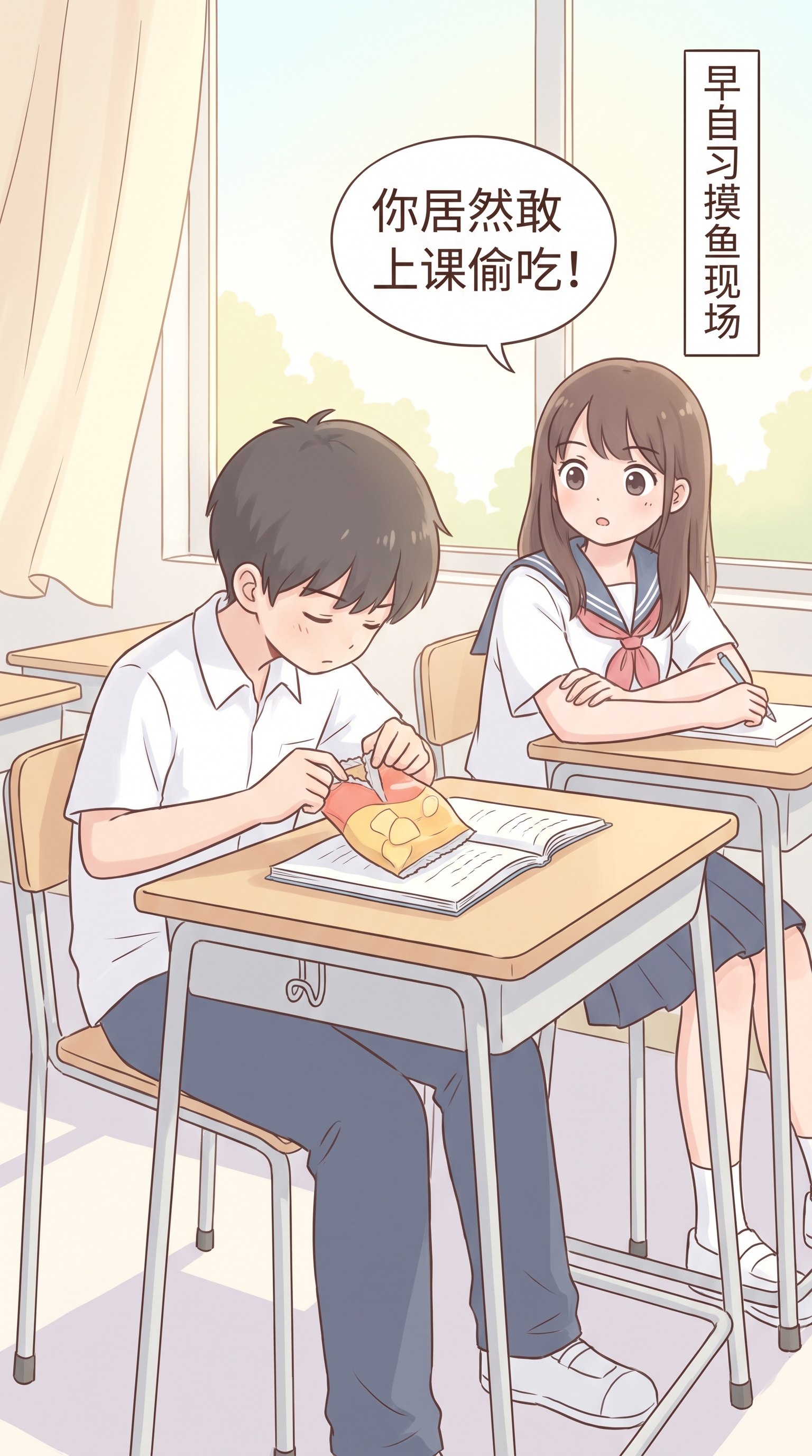 日系清新校园三格漫画第一格，教室课桌场景，午休上课前，短发男生… - 图片创意预览