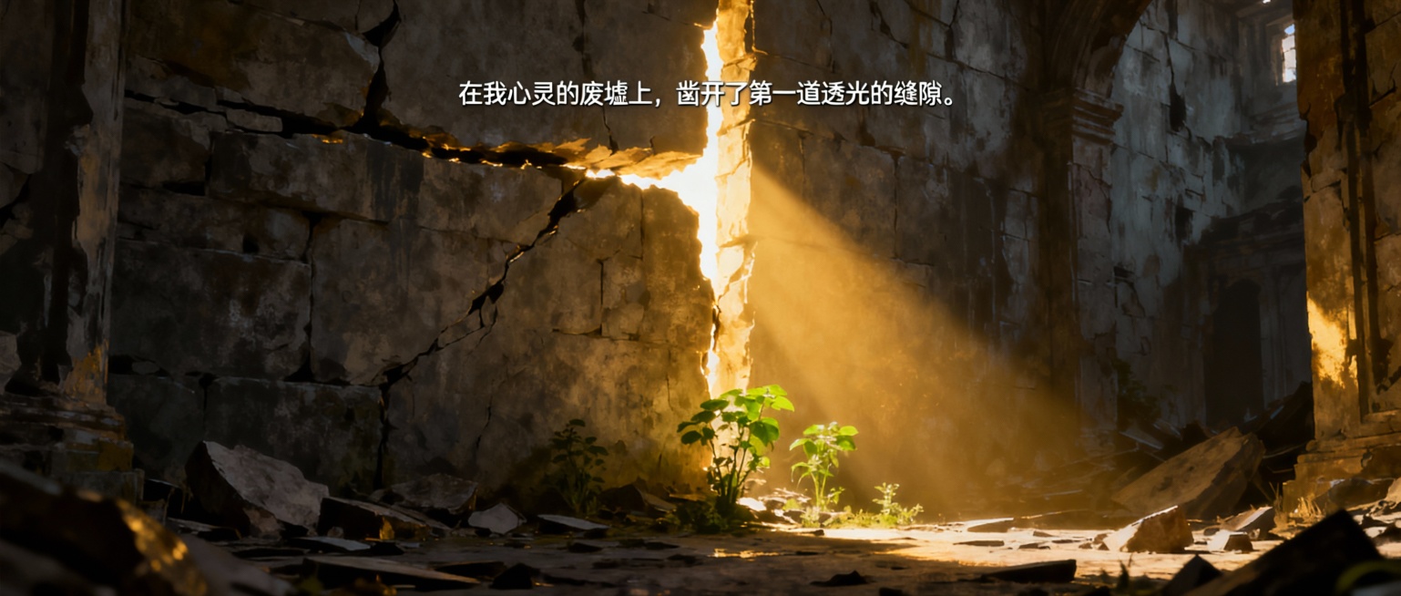 在我心灵的废墟上， 凿开了第一道透光的缝隙。
根据上述文字的意思，生成比例尺寸为2.35:1，符合内容的公众号首图。预览效果