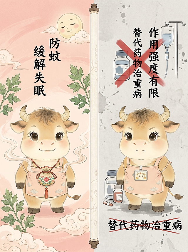 图片 3：「局限性・理性认知」
提示词：
国风对比插画，左侧是 “适用场景”：嘟嘟牛戴香囊防蚊 / 缓解失眠（淡粉色温馨氛围）；右侧是 “不适用场景”：用淡灰色调画 “替代药物治重病” 的叉号，旁写 “作用强度有限”，背景是浅灰宣纸肌理，突出 “理性认知” 的客观感。图片比例为3：4
。「图片1」请与参考图片中小牛保持一致