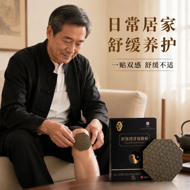 [主图5]日常居家养护使用场景图，黑金色国潮养生风。保持产品包装盒与贴剂外观和输入产品图一致，杜绝变形色差。展示一位中老年男性坐在沙发上，将保健贴贴在膝关节处，自然放松，真实日常居家场景，道具简单克制预览效果