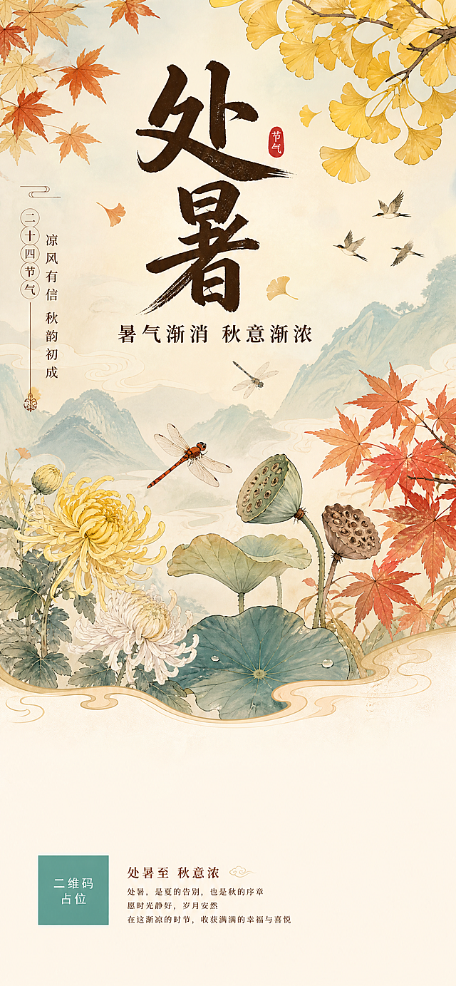 处暑节气海报，国风新中式工笔风格，清新雅致。画面上方居中位置是主标题"处暑"两个大字，书法字体，苍劲有力。主标题下方是副标题"暑气渐消 秋意渐浓"，字体稍小。画面中部以处暑物候元素为主体：金黄的银杏叶、渐红的枫叶、淡雅的菊花、莲蓬与荷叶，搭配淡淡的远山和流云，营造秋高气爽的氛围。画面中点缀几只轻盈的蜻蜓或飞鸟。整体色调以暖黄、橘红、浅褐、淡青为主，柔和过渡。画面下方约五分之一区域为干净的留白区域，用于放置产品图，留白区域边缘有淡淡的装饰性云纹或线条过渡。画面左侧或右侧有小字装饰"二十四节气"和"凉风有信 秋韵初成"。整体构图上繁下简，层次分明，版式精美，留白充足，底部产品区保持纯净空白。画面中所有二维码区域使用纯色方块占位符呈现，方块中央标注"二维码占位"文字，严禁生成任何可识别的二维码图案。画面中所有信息区域必须填充完整合理的内容，不得出现空白框、空白占位、横线待填写区域、空列表项、空单元格；确保是完整可用的成品海报而非待填写模板。