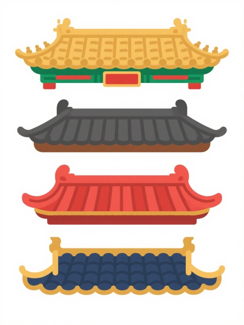 四个中国传统建筑屋顶的卡通风格矢量插画，以规整的垂直排列方式组合在纯白色背景上。每个屋顶造型完全不同，保留原元素的瓦片、飞檐等核心特征，采用不同的色彩搭配：第一个为金色瓦片搭配绿色装饰和红色牌匾，第二个为深灰色瓦片搭配棕色屋檐，第三个为红色瓦片搭配红色屋檐，第四个为深蓝色瓦片搭配金色边角装饰。整体风格保持一致的扁平化设计，线条简洁流畅，色彩明快鲜艳，无任何文字、LOGO、二维码等元素，适合作为……预览效果