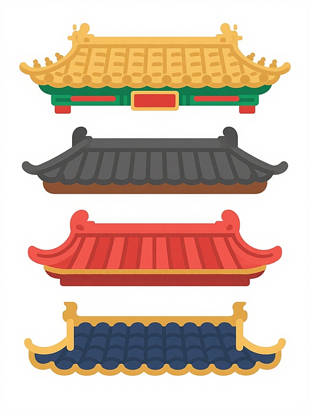 四个中国传统建筑屋顶的卡通风格矢量插画，以规整的垂直排列方式组合在纯白色背景上。每个屋顶造型完全不同，保留原元素的瓦片、飞檐等核心特征，采用不同的色彩搭配：第一个为金色瓦片搭配绿色装饰和红色牌匾，第二个为深灰色瓦片搭配棕色屋檐，第三个为红色瓦片搭配红色屋檐，第四个为深蓝色瓦片搭配金色边角装饰。整体风格保持一致的扁平化设计，线条简洁流畅，色彩明快鲜艳，无任何文字、LOGO、二维码等元素，适合作为系列素材集合使用。