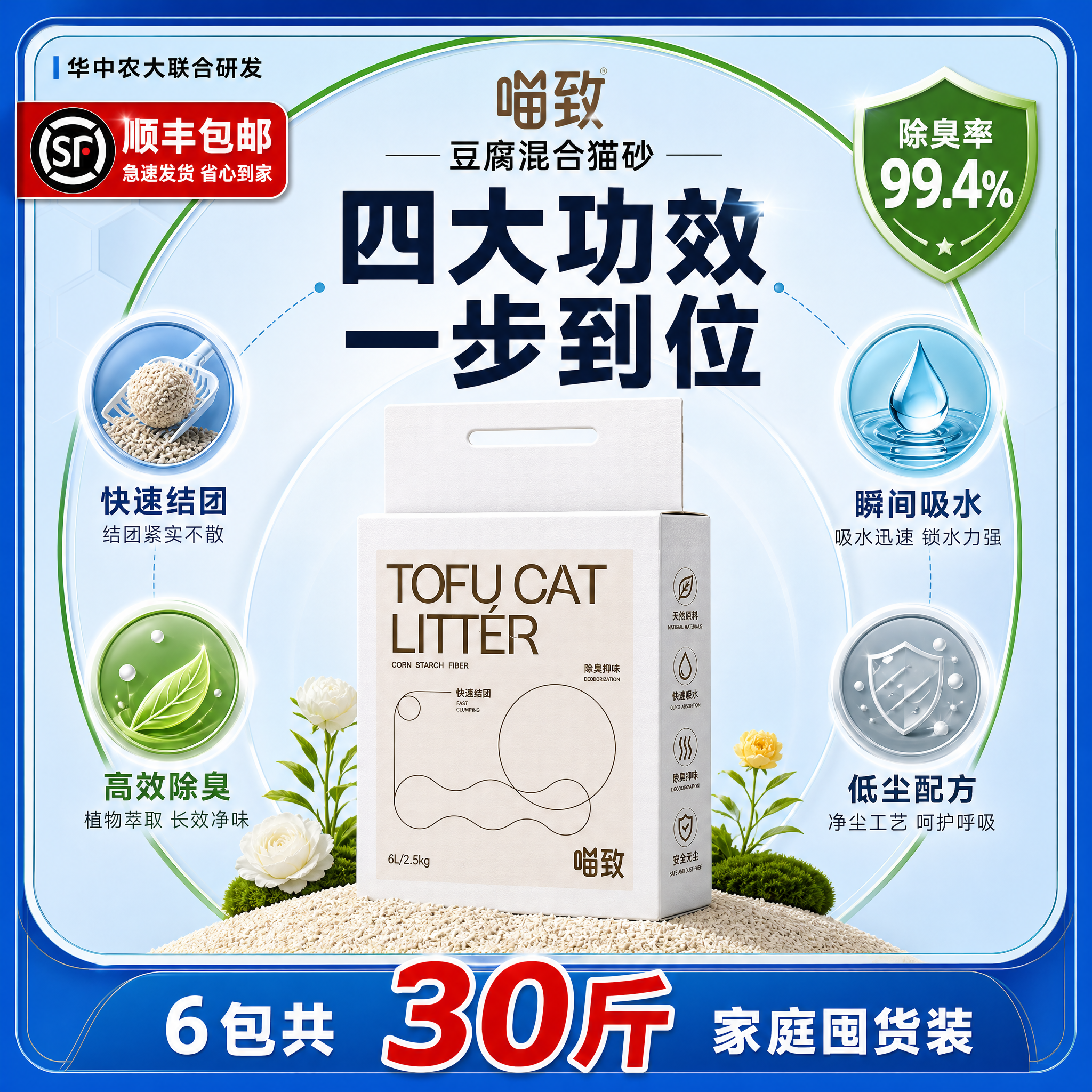 [主图-17 带顺丰] 喵致豆腐混合猫砂 多效合一卖点主图，带… - 图片创意预览