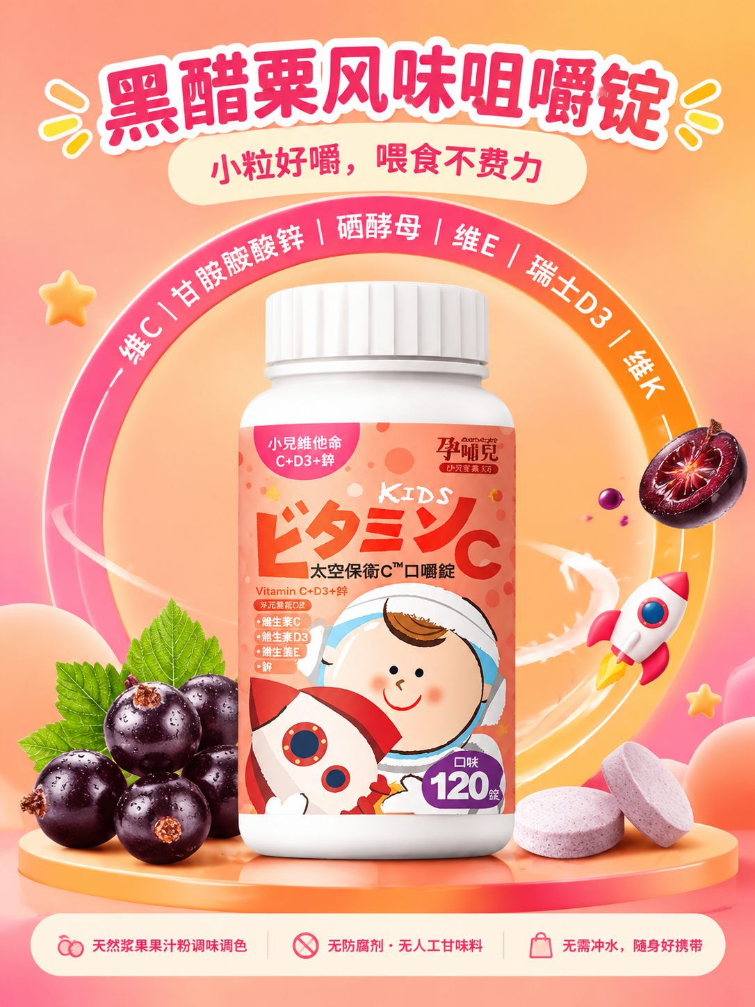 电商产品主图海报，3:4竖版，画面正中心放置一瓶儿童维生素C咀… - 图片创意预览