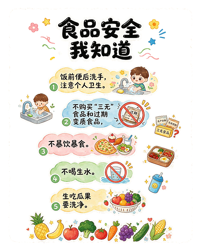 竖版儿童食品安全科普海报，浅米色牛皮纸质感底色，外围白色虚线装饰边框，可爱卡通手绘风格，排版宽松舒适。顶部主标题为"食品安全我知道"，采用黑色填充加白色粗描边的圆润泡泡字字体，醒目可爱。正文内容为"饭前便后洗手，注意个人卫生。不购买"三无"食品和过期变质食品，不暴饮暴食，不喝生水，生吃瓜果要洗净。"，以彩色贴纸卡片形式分条呈现，周围点缀小星星、小花朵装饰元素。画面配有卡通插图：小朋友认真洗手的插画、新鲜蔬菜水果卡通贴纸、过期食品警示图标（带叉号的变质食物）、干净的水杯和瓜果等元素。整体色彩温暖活泼明快，浅牛皮纸质感底色，白色虚线描边边框，版式精美，留白充足，图文搭配和谐。画面中所有文字信息必须完整清晰呈现，所有信息区域必须填充完整合理的内容，不得出现空白框或待填写区域。画面中不要出现任何二维码。