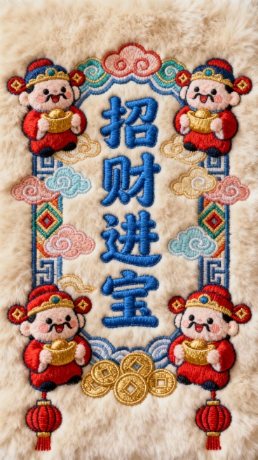 浅米色毛绒质感背景上，采用精致刺绣工艺呈现的发财主题图案，中央为蓝色立体刺绣“招财进宝”四字，周围环绕彩色祥云纹样，两侧对称分布手持金元宝的可爱毛绒小财神形象，底部点缀金色铜钱和红色灯笼刺绣元素，整体构图饱满，色彩以蓝、红、金为主色调，细节处有彩色几何纹和传统吉祥图案装饰，营造出喜庆富贵的氛围。预览效果
