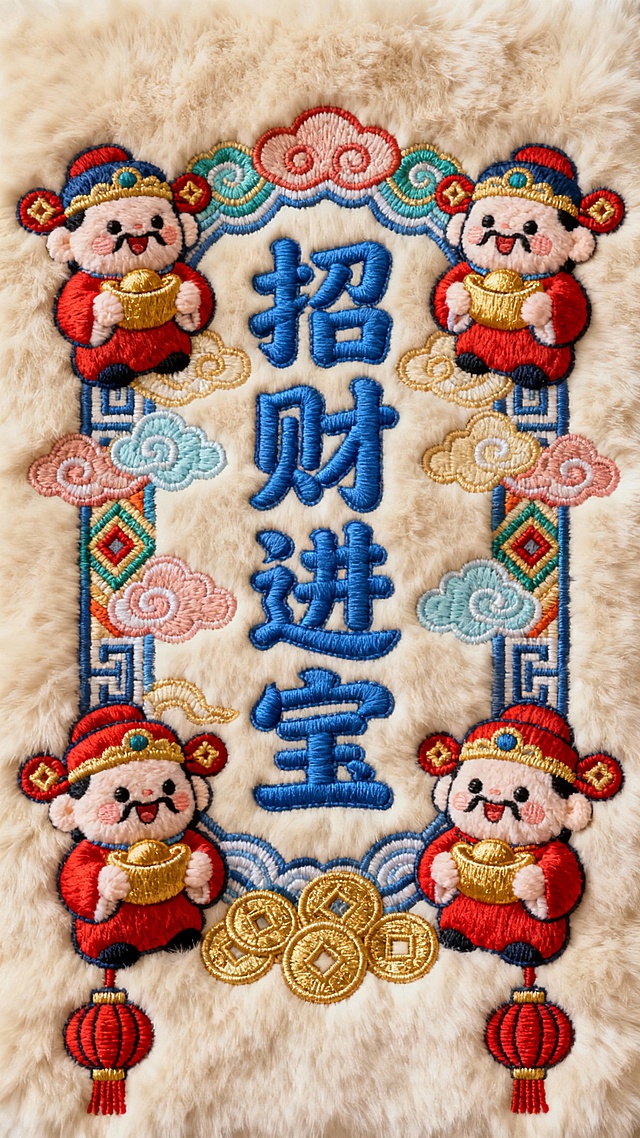 浅米色毛绒质感背景上，采用精致刺绣工艺呈现的发财主题图案，中央为蓝色立体刺绣“招财进宝”四字，周围环绕彩色祥云纹样，两侧对称分布手持金元宝的可爱毛绒小财神形象，底部点缀金色铜钱和红色灯笼刺绣元素，整体构图饱满，色彩以蓝、红、金为主色调，细节处有彩色几何纹和传统吉祥图案装饰，营造出喜庆富贵的氛围。