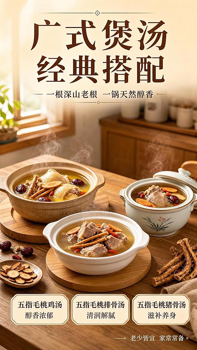 [第5张] 食用场景页——广式煲汤经典搭配。本张参考【图6】的煲汤场景风格，生成五指毛桃多种煲汤搭配场景图，突出家常烟火气。
[氛围/风格] 温馨家常厨房风，暖黄灯光，蒸汽氤氲的烟火气，广式老火汤氛围，商业美食摄影质感。
[元素布局] 画面中央偏下是一张原木餐桌，桌上摆放3盅汤品呈三角布局：左侧是五指毛桃煲鸡汤（砂锅），中间是五指毛桃排骨汤（白瓷盅），右侧是五指毛桃煲猪骨汤（炖盅）；每盅汤都冒着热气，汤面可见五指毛桃片、红枣、枸杞等配料；背景是虚化的厨房环境，有木质橱柜、窗户透进自然光；桌面散落几片新鲜五指毛桃、几颗红枣点缀。
[光影质感] 暖黄主光从左上方来，汤面有高光反射，蒸汽柔和升腾，整体温暖诱人，有食欲感。
[配色色系] 全局底色 #FFF8E7（暖米黄色）；主色暖棕 #8B4513；辅助色奶白 #FFFAF0、枸杞红 #CC0000 点缀。
[视角构图] 45°微俯视餐桌视角，三盅汤呈三角形构图，阅读动线：顶部标题 → 中部汤品 → 底部搭配说明。
[文字版式] 顶部居中主标题「广式煲汤 经典搭配」深棕色粗宋体；副标题「一根深山老根 一锅天然醇香」稍小；底部三个圆角胶囊标签横排，分别写：「五指毛桃鸡汤 醇香浓郁」「五指毛桃排骨汤 清润解腻」「五指毛桃猪骨汤 滋补养身」。右下角小字「老少皆宜 家常常备」。字体统一宋体风格，字色深棕为主。
[比例分辨率] 9:16 竖版比例，4K分辨率，文字清晰可辨，高清画质。
[负向提示词] 汤品不真实，蒸汽虚假，人物出现，水印，文字错乱，颜色偏差，餐具变形。