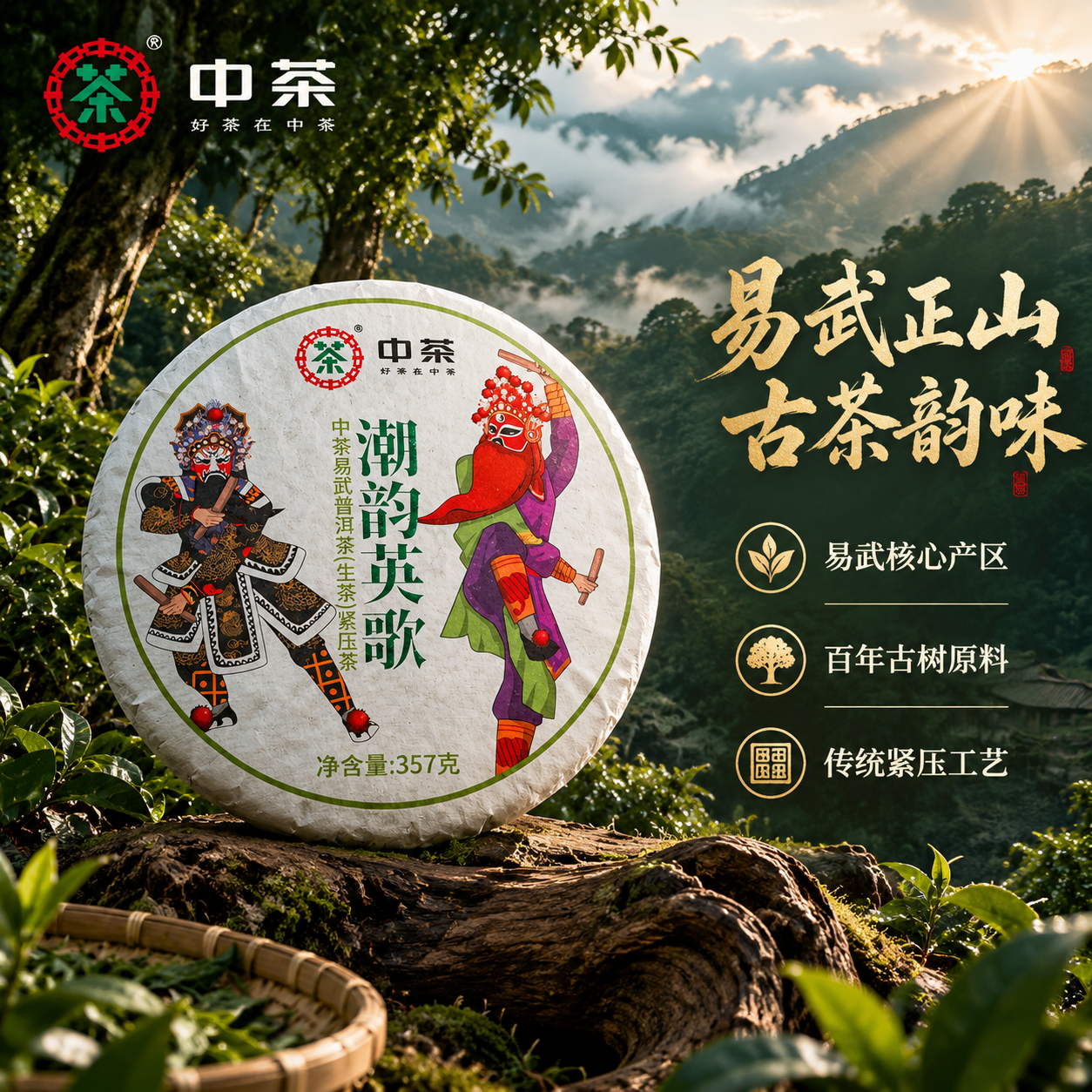 抖音电商主图第二张，中茶潮韵英歌普洱茶饼产地溯源与核心卖点图。… - 图片创意预览