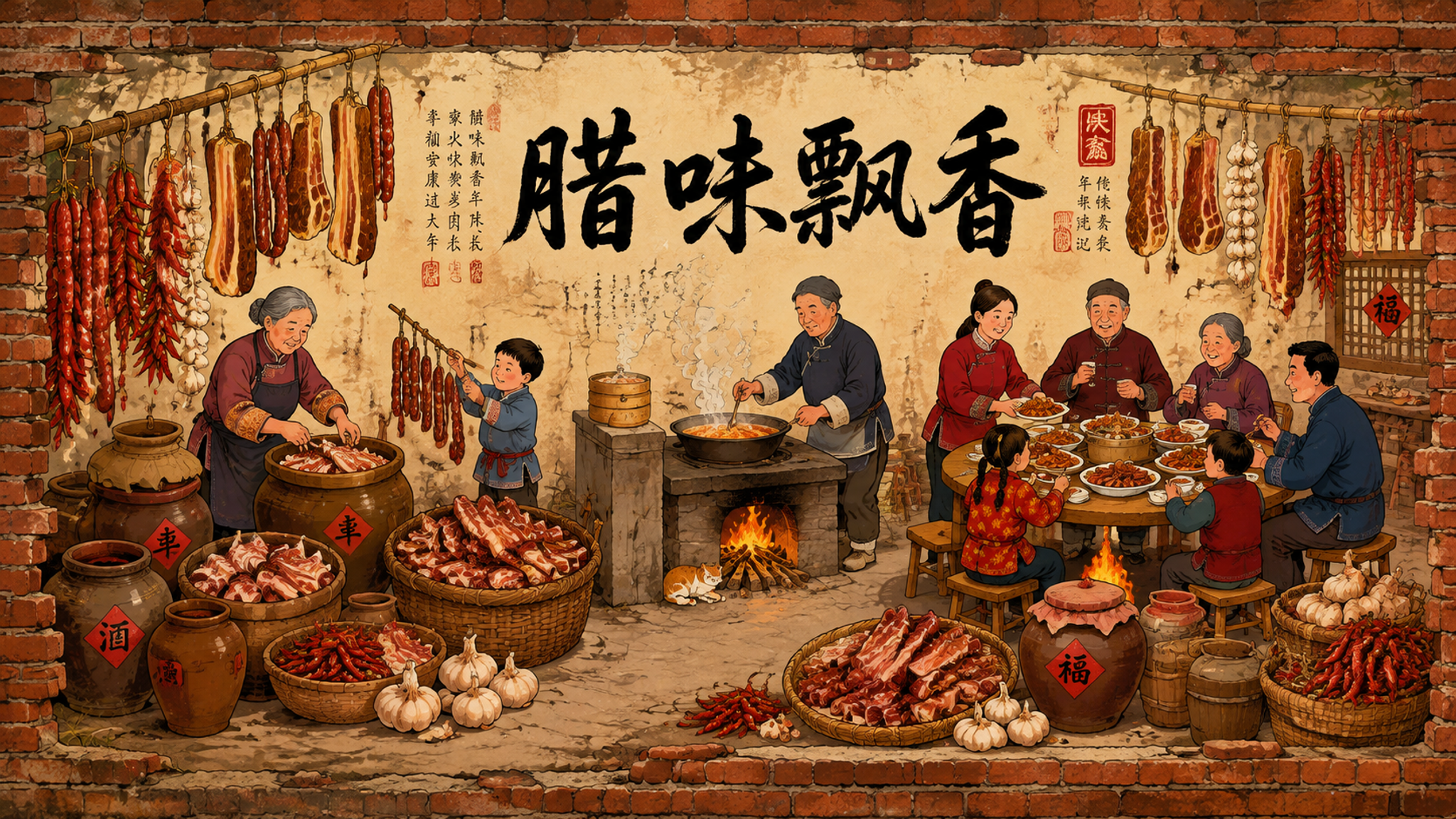 超宽长幅国风民俗插画，腊味飘香主题，复古怀旧墙绘壁画风格。老旧… - 图片创意预览