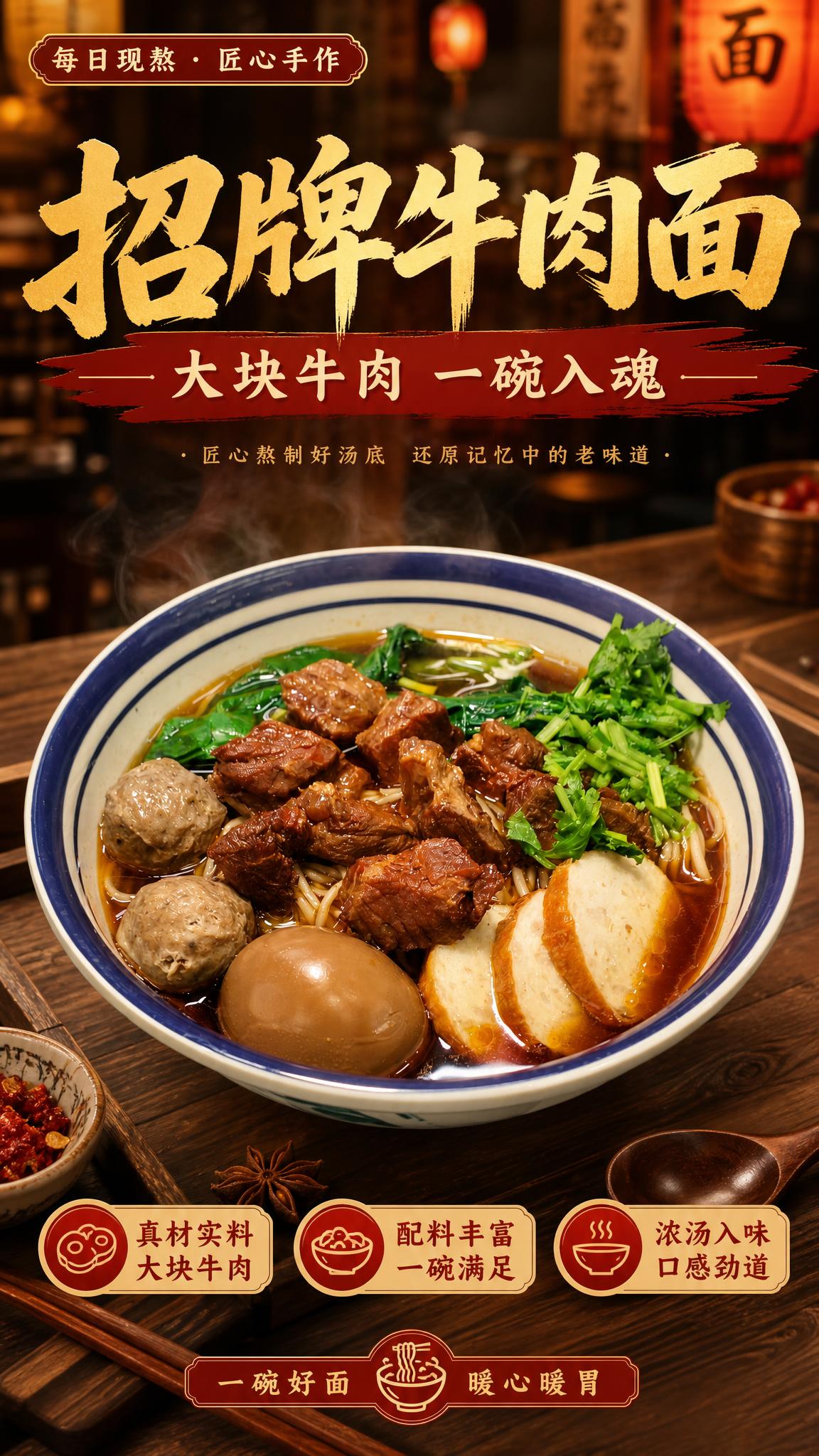 基于上传的牛肉面图片，生成一张竖版商品营销海报。保留原图中牛肉… - 图片创意预览