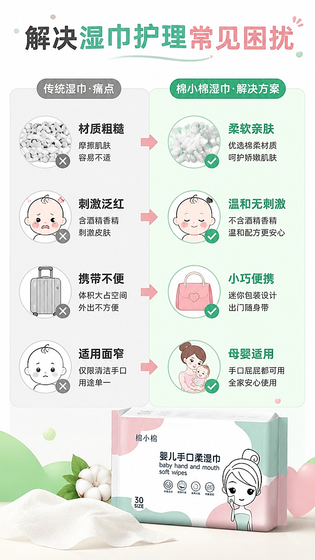 [第2屏] 痛点与解决对比屏，展示棉小棉婴儿手口湿巾解决日常护理痛点。本屏使用【图1】作为产品主体。
[氛围/风格] 清晰对比风格，直白易懂，接地气的拼多多风格，明亮温馨。
[元素布局] 左右分栏对比布局，左栏列出传统湿巾常见痛点，右栏展示棉小棉湿巾解决方案，产品图放在右下区域；痛点和解决方式各配小图标，信息层级清晰。
[光影质感] 均匀明亮室内柔光，整体明暗适中，文字和图片都清晰可读。
[配色色系] 全局底色 #f8fafc，主色浅绿，辅助色浅粉点缀。
[视角构图] 左右分栏对比，信息流动从左上到右下。
[文字版式] 顶栏大标题「解决湿巾护理常见困扰」，左栏痛点：「材质粗糙」「刺激泛红」「携带不便」「适用面窄」，右栏对应解决优势：「柔软亲肤」「温和无刺激」「小巧便携」「母婴适用」，色块标注清晰，文字大小适合手机阅读。
[比例分辨率] 9:16 竖版比例，分辨率2K，文字清晰可辨，高清画质。
[负向提示词] 文字错乱，文字过小，对比混乱，产品变形，颜色偏差，水印。