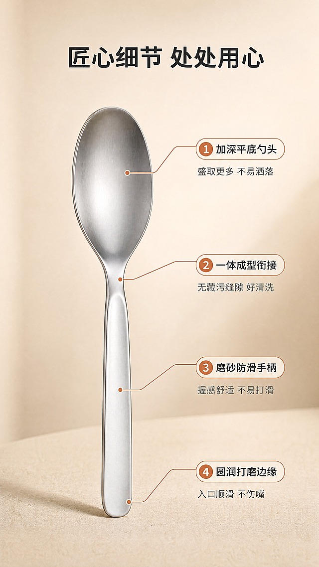 [商品] 使用【图1】316不锈钢平底勺（大号）；保留一体成型结构、哑光银色、椭圆平底勺头、长柄的完整形态；勺身比例与原图一致。
[画面] 页面目标：结构解析，说明各部位设计的用户收益。构图：产品居中偏左，右侧及周围引线标注。主体位置：画面中心偏左，竖向摆放。主体占比约50%。景别：中近景。阅读动线：从标题到产品，沿引线阅读各卖点。前景：浅米色哑光台面；中景：勺子主体+引线标注；后景：暖米杏渐变背景。场景：产品结构展示场景。
[视觉] 套系策略：风格=日式简约温暖商业摄影风；标题字=思源黑体粗体；正文字=思源黑体常规；主色=暖米杏；背景延展=基于暖米杏做深浅层级、同色渐变和细腻哑光质感；强调色=暖棕橘，仅用于小面积图标、引线端点和标签；标题色=深炭灰；正文色=中暖灰；组件=细线引线、圆角小标签、编号圆点；光影=左前侧45度暖柔光，柔和自然阴影。
[文字] 顶部主标题「匠心细节 处处用心」。4处引线标注：1.加深平底勺头 - 盛取更多 不易洒落；2.一体成型衔接 - 无藏污缝隙 好清洗；3.磨砂防滑手柄 - 握感舒适 不易打滑；4.圆润打磨边缘 - 入口顺滑 不伤嘴。引线从产品各部位引出，文字不遮挡勺身。
[规格] 图片比例9:16竖版，分辨率4K，负向提示：避免变形、错字、文字过小、冷蓝/蓝灰背景、勺子形状改变、材质失真、出现平台Logo水印。