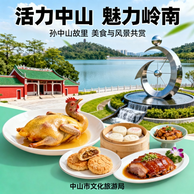 帮我制作一张中山市的宣传图片 图片带美食风景景点预览效果
