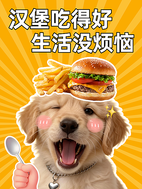 萌趣小狗手持勺子头顶美食，美食小红书封面热梗表情包图，美食展示，美食分享，营造欢乐氛围