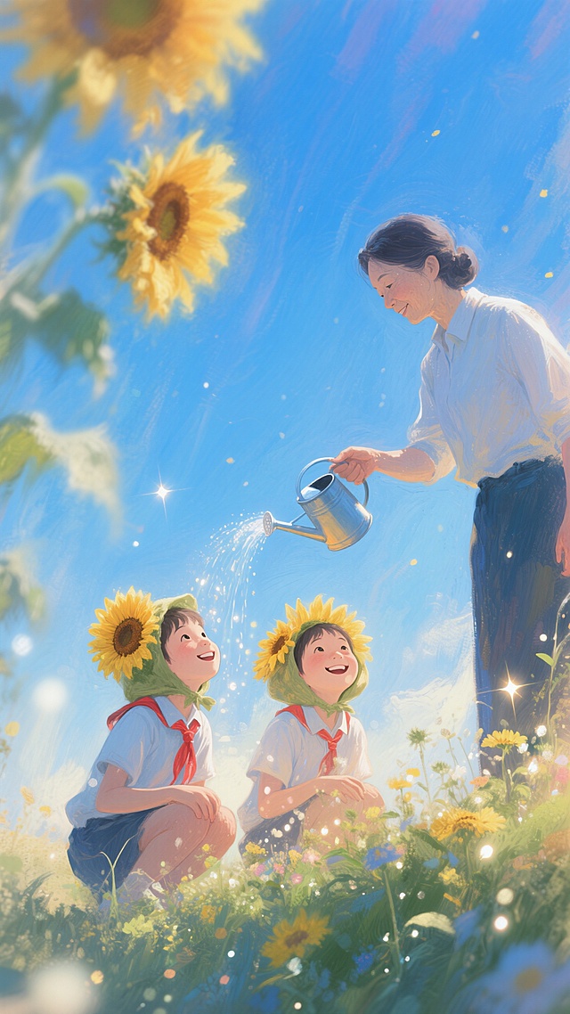 大面积蓝色渐变天空背景。下方远景一位老师提着浇花壶，花壶对着两个小学生（戴向日葵头套，表情愉悦）头顶，学生蹲在花丛边，抬头。唯美治愈氛围。
