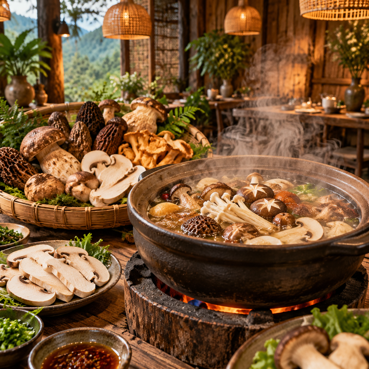 高清美食摄影：山林风餐厅中的菌子火锅，土陶锅冒着浓烈蒸汽，锅中… - 图片创意预览