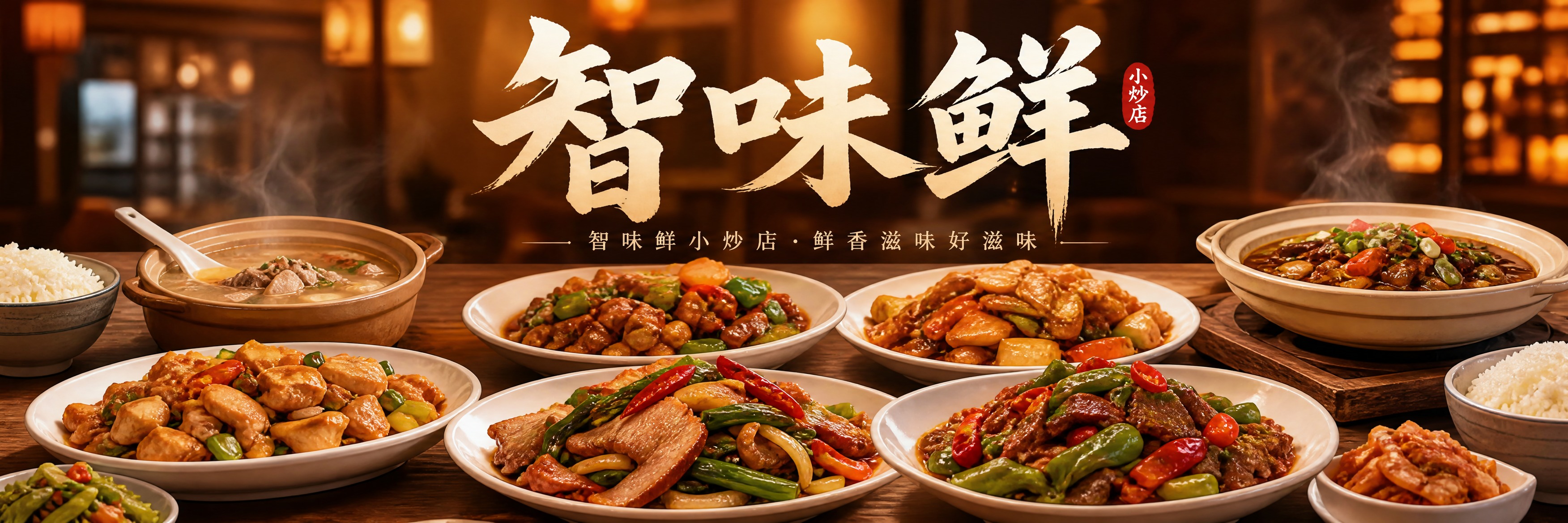 智味鲜小炒店海报设计，写实风格，横幅长图构图，画面主体是一桌丰… - 图片创意预览