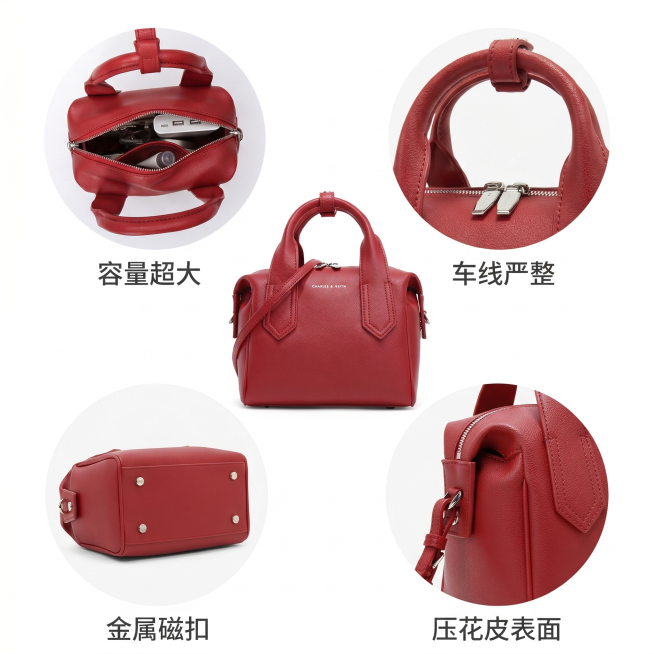 [主图-1] 红色手提包细节组合图。
[氛围风格] 简约干净商业展示风，突出产品本身
[画质] 商业摄影质感、光线柔和通透、产品清晰真实、画面干净高级
[元素] 将图1放置在画面中心作为主图，其余四张预览效果