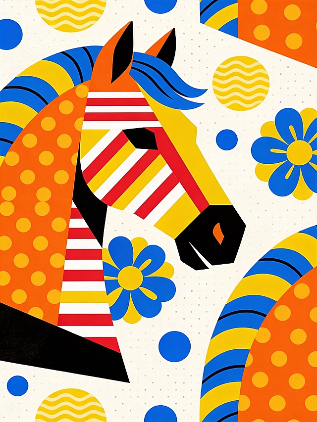 这幅作品的灵感源于孟菲斯设计风格与传统生肖美学的跨界融合：核心借鉴孟菲斯风格的几何解构手法，将马头拆解为硬朗的色块与利落线条，同时吸收波普艺术的高饱和撞色逻辑，用橙、黄、蓝的强烈对比营造视觉张力