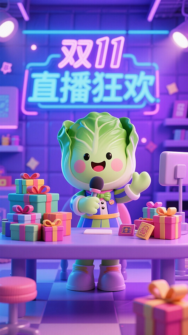 软3D风拟人白菜主播，霓虹灯辉映下手持麦克风热情直播，堆满礼盒的桌前洋溢喜庆双11促销氛围，未来感与卡通感交融，梦幻科技感十足。