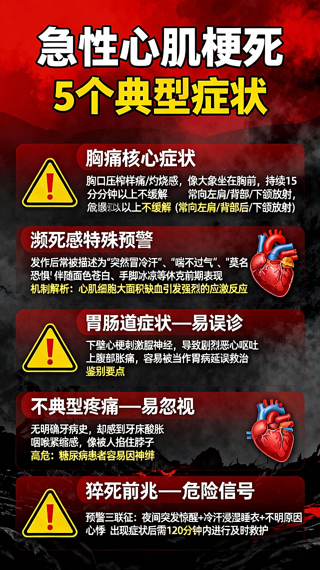 海报标题：急性心肌梗死 5个典型症状  海报内容： 1、胸痛核心症状 胸口压榨样痛/灼烧感，像大象坐在胸前，持续15分钟以上不缓解 常向左肩/背部/下颌放射，可能误以为是落枕或牙痛 危险动作：含服硝酸甘油后仍不缓解(年轻人血管痉挛型心梗更常见)  2、濒死感特殊预警 发作后常被描述为"突然冒冷汗"、"喘不过气"、"莫名恐惧" 伴随面色苍白、手脚冰凉等休克前期表现 机制解析：心肌细胞大面积缺血引发强烈的应激反应  3、胃肠道症状—易误诊 下壁心梗刺激膈神经，导致剧烈恶心呕吐 上腹部胀痛，容易被当作胃病延误救治 鉴别要点：与饮食无关，常规胃药无效  4、不典型疼痛—-易忽视 无明确牙病史，却感到牙床酸胀 咽喉紧缩感，像被人掐住脖子 高危：糖尿病患者容易因神经病变致痛觉迟钝，忽略该症状  5、猝死前兆—危险信号 预警三联征：夜间突发惊醒+冷汗浸湿睡衣+不明原因心悸 出现症状后需120分钟内进行及时救护  在不改变文字内容的前提下，根据以上文案生成一张给心肌梗死下危机的海报。比例为9:16