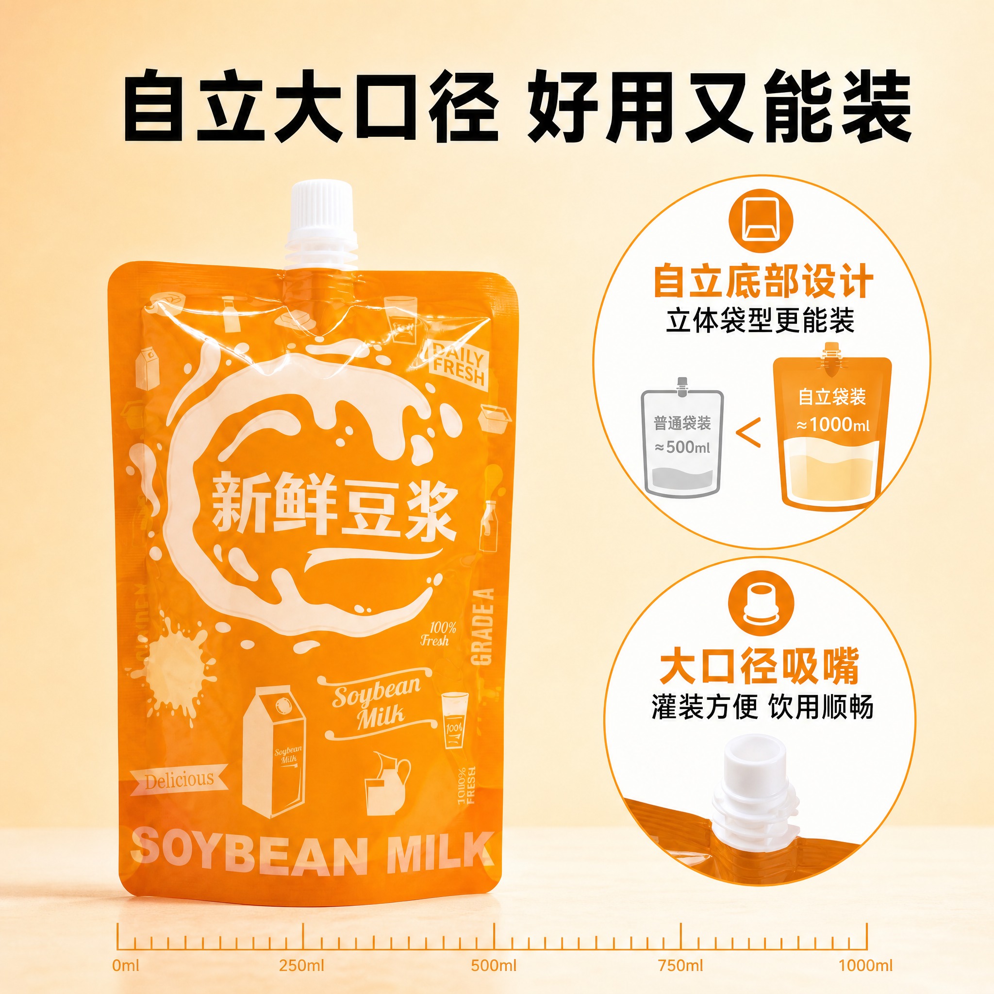 [主图-2] 食品级自立吸嘴袋 自立底部+大容量卖点图。 [统… - 图片创意预览