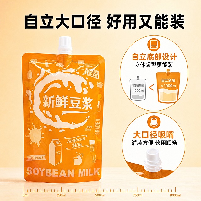 [主图-2] 食品级自立吸嘴袋 自立底部+大容量卖点图。
[统一基调] 国内电商日用百货风格，暖橙色调，明亮通透有品质感。主色橙色+白色+浅米色，标题粗黑体，辅助文字常规黑体。
[画面] 橙色自立吸嘴袋（新鲜豆浆包装）位于画面中央偏左，占画面约55%，产品外观、颜色、形状、尺寸、透视角度严格保持不变。产品呈自立状态放置在台面上，突出展示自立底部结构。右侧为卖点展示区，采用上下两个圆形信息框的布局：上方圆形框内展示"自立底部设计 立体袋型更能装"，配袋型容量对比示意图；下方圆形框内展示"大口径吸嘴 灌装方便 饮用顺畅"，配吸嘴口径特写。顶部大标题"自立大口径 好用又能装"。背景为浅米色到浅橙色渐变，底部有淡淡的容量刻度线装饰。
[差异化说明] 参考图为左三栏右产品的左右结构，卖点是耐高低温+防漏。本张改为左产品右双圆卖点的结构，卖点从耐温防漏改为自立底部+大口径，构图从三行横排改为上下双圆，信息结构从三点并列改为两点聚焦，场景从信息图改为带容量刻度的功能展示图，文字内容完全不同。
[光影质感] 商业摄影质感，均匀柔光，产品立体感强，底部自立结构清晰，阴影自然，整体干净专业。
[配色] 背景浅米色渐变，标题深橙色，圆形信息框白底橙边，图标和数据用橙色强调，整体清爽专业。
[文字版式] 顶部居中大标题"自立底部 大容量更实用"，粗黑大号；右侧两个圆形信息框上下排列，每框内上方图标下方文字，文字分两行：上行大号关键词下行小号说明。排版整齐有设计感。
[输出要求] 1:1正方形，2048x2048，2K分辨率，文字清晰锐利，产品清晰不变形，无水印无平台Logo，禁止产品变形、禁止改变直径、禁止改变形状、禁止改变透视角度、禁止重新绘制产品、禁止新增或减少产品、禁止改变产品颜色。