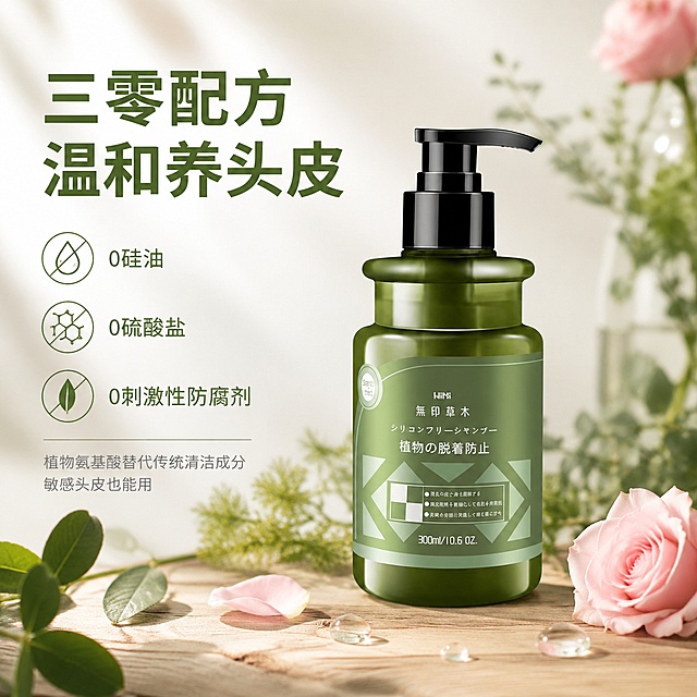 [单张主图] 无印草木植物防脱洗发水，高级氛围感主图，打造适合敏感头皮的温和植物氨基酸洗发产品
[参考比对]参考图为自然花艺场景搭配产品放置在藤编网纱篮中，采用浅景深虚化背景，产品主体突出，风格清新自然高级，浅柔和配色，画面呈现原生天然氛围感。版式为产品放置右下，周围搭配天然植物花卉点缀，背景柔化虚化。
[画面主体]保持输入商品图中无印草木洗发水的瓶身外观、物理结构、材质质感、橄榄绿色完全一致，瓶身标签文字和Logo保持原样，杜绝任何变形和色差，精细化处理。产品主体放置在画面偏右下位置，占画面约50%，整体完整不裁切。
[构图版式]采用原生成分型版式，产品融入自然植萃场景，产品仍为视觉主体，成分元素不遮挡瓶身标签。
[场景元素]背景为清新柔和的浅白色空间，产品放置在浅原木台面上，周围搭配新鲜绿植叶片、淡粉色玫瑰花瓣和透明水珠元素，营造天然植萃纯净氛围，背景浅景深虚化，突出产品主体，整体通透干净高级。
[文案版式]左上角负空间左对齐，主文案大字："三零配方 温和养头皮"，提取产品绿色为主色，深绿色粗体无衬线字体最大；下方分三行排列轻图标卖点，每行一个：0硅油、0硫酸盐、0刺激性防腐剂，小字轻图标搭配；副文案在产品下方浅色区域："植物氨基酸替代传统清洁成分 敏感头皮也能用"，浅灰色小号字体。文字都放置在留白处，不遮挡产品主体。
[光影质感]使用柔和自然的清晨侧窗光，主光从左侧斜射，瓶身形成自然高光和渐变反光，花瓣和水珠有透亮高光，背景有浅柔投影，光线通透均匀，画面干净通透，商业高级静物摄影质感，产品细节清晰真实。
[配色字体]主色调为产品橄榄绿，辅助浅原木色、淡粉色、白色，低饱和清新配色；字体主标题用深绿色粗无衬线，卖点小字细无衬线，字重对比清晰，整体高级克制。
[比例分辨率]1:1比例，2K分辨率，文字清晰可辨，超高清商业摄影质感。
[负向提示词]变形，文字错乱，产品图模糊，背景杂乱，水印，电商平台Logo，遮挡主体，颜色偏差，错字，伪Logo。
