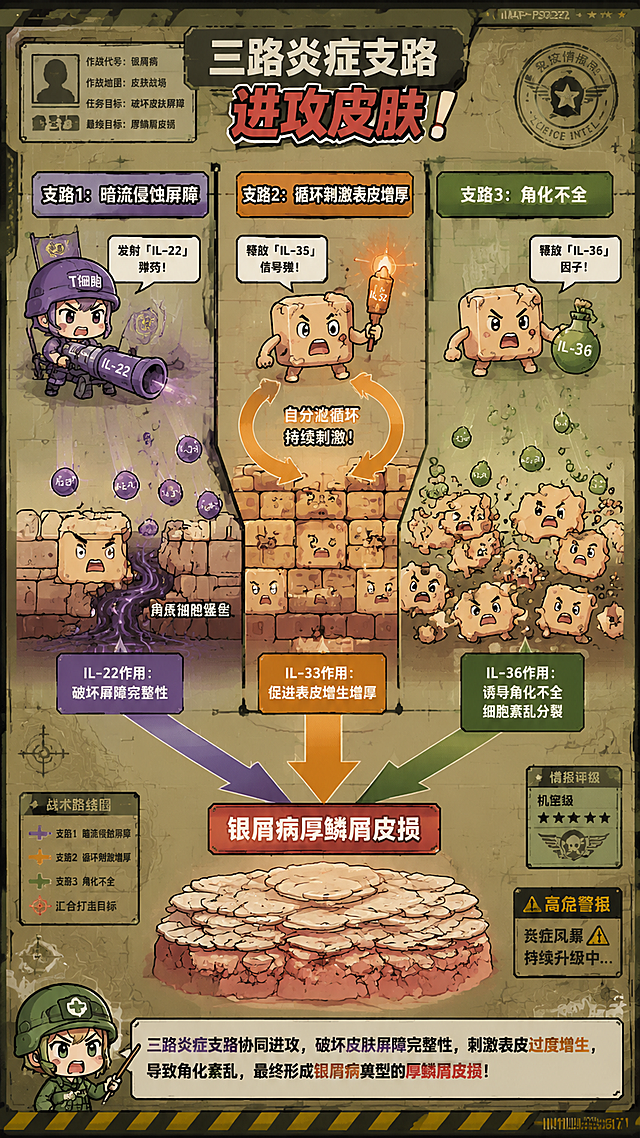 医学科普条漫风格，Q版萌系拟人，军事题材隐喻插画，卡通平涂质感，清晰粗黑轮廓线，中饱和度配色，拟人化免疫细胞IP设计，扁平化场景，趣味硬核科普风。画面为竖版9:16比例，军事作战地图风格，展示三路炎症支路进攻皮肤的场景。支路1：Q版萌系T细胞士兵分泌「IL-22」弹药，作用于角质细胞堡垒，造成皮肤屏障破损，用暗流侵蚀效果表现，标注「支路1：暗流侵蚀屏障」。支路2：破损的角质细胞释放「IL-33」信号弹，有环形自分泌箭头回指细胞本身，形成循环，标注「支路2：循环刺激表皮增厚」。支路3：角质细胞产生「IL-36」因子，导致角质细胞紊乱分裂、角化不全，用无序分裂的细胞形象表现，标注「支路3：角化不全」。画面下方有汇总箭头，三路炎症损伤汇合指向最终的厚鳞屑皮损形态，标注「银屑病厚鳞屑皮损」。画面底部有旁白字幕区域，展示科普说明文字。背景是军事作战地图风格，有战术箭头、坐标网格、黄黑警示条、科学情报印章等元素，整体中饱和度配色，卡通平涂质感，趣味硬核科普氛围。