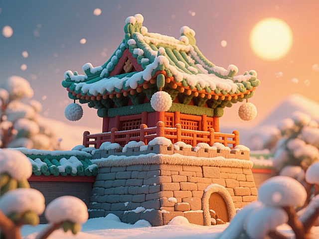 中式古塔雪景，软3D粘土风呈现，温暖夕阳下梦幻温馨，微缩艺术感十足，节日氛围浓厚。