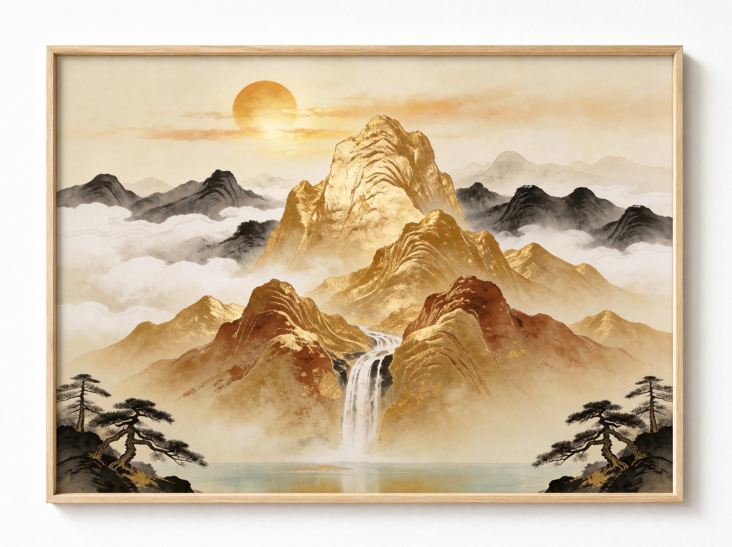 为这张画芯添加原木色画框：1. 画框为原木色（自然浅木色）L型… - 图片创意预览