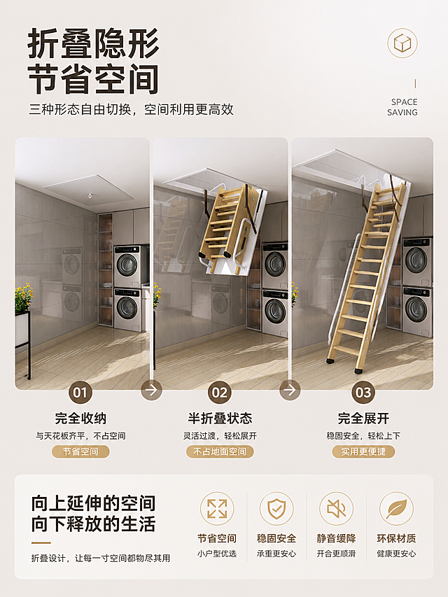 制作突出折叠隐形节省空间特点的详情内页，将三张参考图（完全收纳、半折叠、完全展开状态）进行大气排版，直观展示不同形态，突出产品节省空间的优势，现代简约高端电商风格