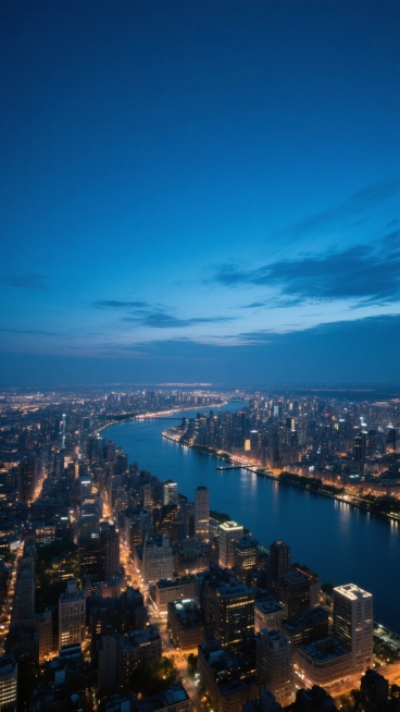 高空俯瞰的城市夜景，城市建筑密集排列，灯火璀璨，一条河流蜿蜒穿过城市，与城市灯光交相辉映，天空呈现出深邃的蓝色，带有淡淡的云彩，整体风格干净简洁，适合作为背景素材使用，画面中没有多余的文字和标识，只有纯粹的城市景观和自然天空。预览效果