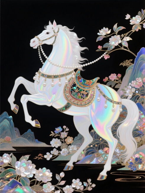 主体是白色骏马（装饰珍珠缰绳、华丽鞍具），背景含大量中国风花卉元素和山水，迷幻，意识流，黑色背景预览效果