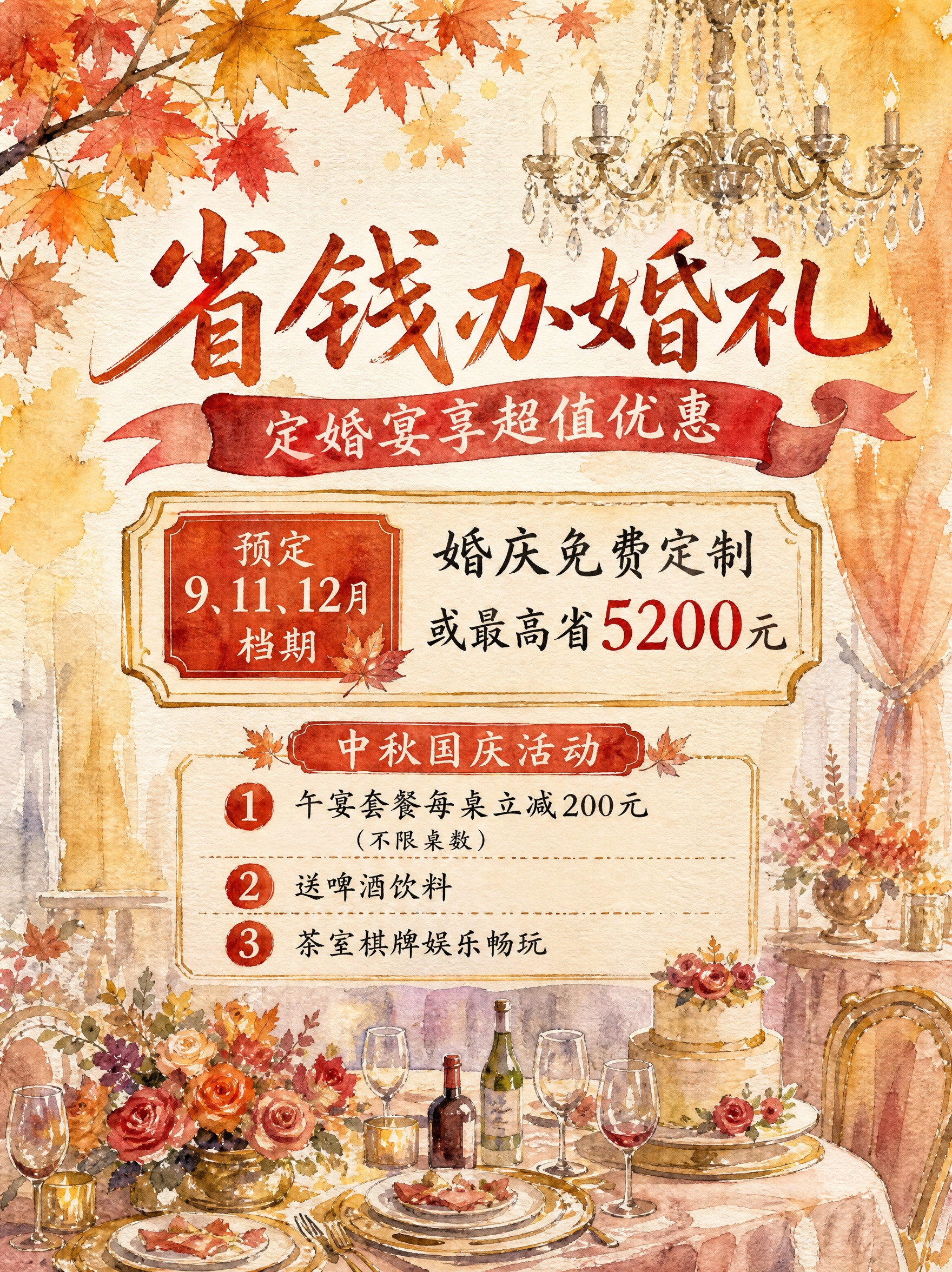 重新绘制这张婚宴促销海报，采用纯手绘水彩插画风格，笔触明显，纸… - 图片创意预览