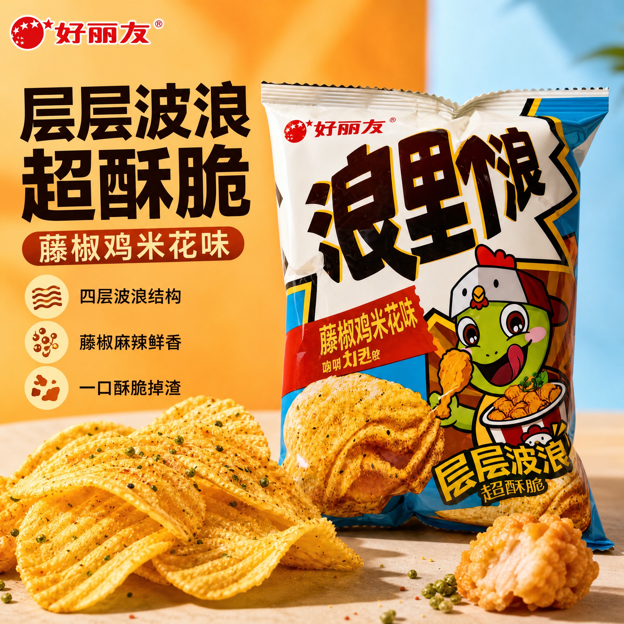 [主图-1] 好丽友浪里个浪藤椒鸡米花味薯片 单张爆款促销感主… - 图片创意预览