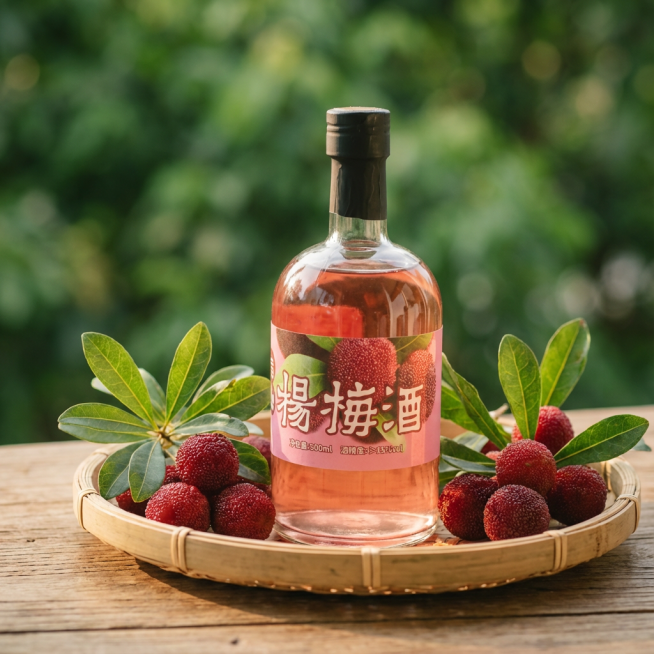 商业产品详情摄影，1:1构图，主体为金巴潭杨梅酒，瓶身标签保留，放置在原木色桌面的竹编圆托盘上，托盘内点缀新鲜杨梅果实与杨梅枝叶，背景是虚化的绿色植物（浅景深），侧方自然光柔和打亮瓶身与果实，暖调柔和预览效果