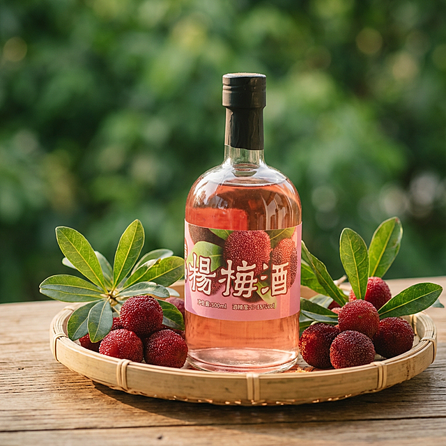 商业产品详情摄影，1:1构图，主体为金巴潭杨梅酒，瓶身标签保留，放置在原木色桌面的竹编圆托盘上，托盘内点缀新鲜杨梅果实与杨梅枝叶，背景是虚化的绿色植物（浅景深），侧方自然光柔和打亮瓶身与果实，暖调柔和光影，胶片质感，色彩低饱和偏日系，细节清晰（玻璃反光、杨梅纹理、竹编纹路），电商详情页视觉标准，分辨率300dpi