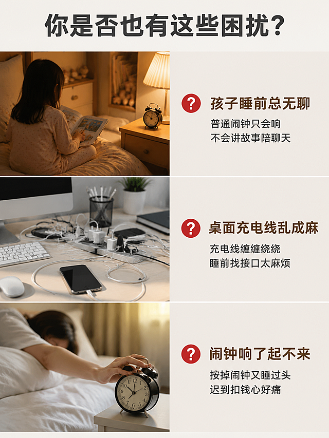 [第2屏] 痛点直击屏-传统闹钟三大痛点场景。本屏不使用产品图，纯场景痛点表达。
[氛围/风格] 写实生活场景 痛点共鸣 对比强烈 商业摄影质感；
[元素布局] 画面采用上下三栏布局，每栏一个痛点场景。第一栏：孩子睡前坐在床上无聊翻书，旁边普通闹钟孤零零放着，配痛点文案。第二栏：办公桌上线缆杂乱缠绕，手机找不到充电口，配痛点文案。第三栏：早上闹钟响了随手按掉又睡过头，配痛点文案。每个场景都是真实生活画面，人物只露出局部或背影。
[光影质感] 每个场景独立光影，第一栏暖黄卧室光，第二栏冷白办公光，第三栏清晨微光，整体统一柔和质感。
[配色色系] 全局底色 #F0EBE3 浅灰米色；主色深灰文字；辅助色暖棕 浅蓝 每个场景独立色调。
[视角构图] 上下三栏等分布局，每栏左图右文，阅读动线从上到下。
[文字版式] 每栏右侧痛点文案。大标题「你是否也有这些困扰？」深灰色大号粗体 居中在顶部。每栏痛点标题「孩子睡前总无聊」「桌面充电线乱成麻」「闹钟响了起不来」深棕色中号粗体；痛点描述「普通闹钟只会响 不会讲故事陪聊天」「充电线缠缠绕绕 睡前找接口太麻烦」「按掉闹钟又睡过头 迟到扣钱心好痛」深灰色小号。每栏左侧配红色问号图标增加痛点感。
[比例分辨率] 3:4竖版比例，4K分辨率，文字清晰可读。
[负向提示词] 变形 水印 文字错乱 人物面部扭曲 低俗 恐怖。