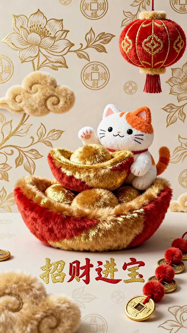 国潮风卡通招财猫坐于毛绒金元宝上，鎏金纹样与云朵点缀，重拟物质感搭配喜庆红金配色，毛发生长细节生动，尽显可爱喜庆的春节氛围。