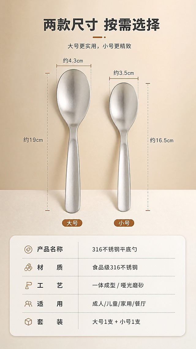 [商品] 使用【图1】316不锈钢平底勺（大小号并排）；保留产品结构、哑光银色、一体成型设计；大小号并排放置，展示尺寸对比。
[画面] 页面目标：规格参数页，清晰展示两款尺寸与产品信息。构图：上下分栏，上半部分大小勺并排+尺寸标注线，下半部分参数信息卡。主体位置：上半部分中心。主体占比约45%。景别：中景。阅读动线：从上到下。前景：浅色哑光台面；中景：大小勺+尺寸标注；后景：暖米杏渐变背景。场景：产品规格展示场景。
[视觉] 套系策略：风格=日式简约温暖商业摄影风；标题字=思源黑体粗体；正文字=思源黑体常规；主色=暖米杏；背景延展=基于暖米杏做深浅层级、同色渐变和细腻哑光质感；强调色=暖棕橘，仅用于小面积标注线和标签；标题色=深炭灰；正文色=中暖灰；组件=尺寸标注线、圆角参数信息卡、细线分割；光影=正上方暖柔光，均匀明亮。
[文字] 顶部主标题「两款尺寸 按需选择」。上半部分尺寸标注：大号总长约19cm / 勺头宽约4.3cm；小号总长约16.5cm / 勺头宽约3.5cm（用约字，保守表达）。下半部分参数信息卡：产品名称=316不锈钢平底勺；材质=食品级316不锈钢；工艺=一体成型 / 哑光磨砂；适用=成人/儿童/家用/餐厅；套装=大号1支 + 小号1支。
[规格] 图片比例9:16竖版，分辨率4K，负向提示：避免变形、错字、文字过小、冷蓝/蓝灰背景、勺子形状改变、尺寸标注错误、出现平台Logo水印。
