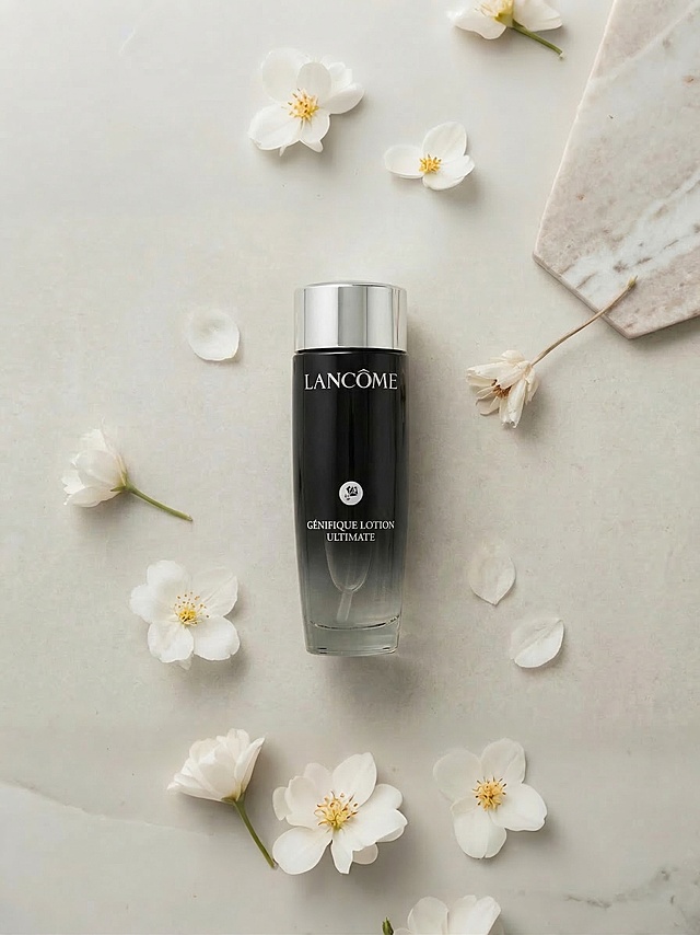 原图修改，保留图片中左边第一个兰蔻黑色精华瓶产品，去掉其他两个产品，保留左侧产品并居中放置，保留原图浅米色大理石背景和四周白色花朵装饰，保留原光影风格，超清画质，商业美妆摄影，禁止产品变形，保留原有品牌文字清晰