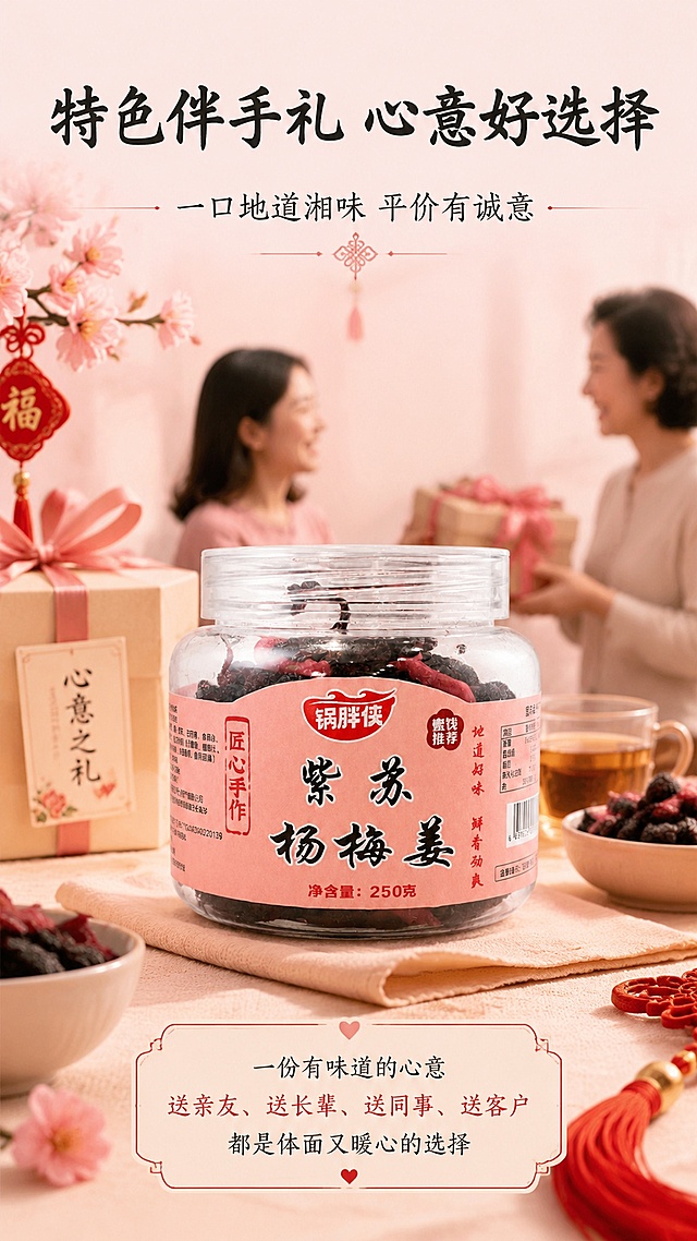 [第8屏] 特色伴手礼收尾-锅胖侠紫苏杨梅姜礼赠展示页。本屏使用【图1】作为商品主体展示。
[氛围/风格] 心意礼赠氛围，温馨喜庆，自然有质感，商业摄影质感。
[元素布局] 中部展示商品罐身，占比约50%，周围搭配亲友分享场景元素，上方标题，下方收尾文案，商品结构颜色与原图保持一致。
[光影质感] 整体暖柔柔光，商品清晰突出，氛围温馨舒适，阴影柔和。
[配色色系] 全局底色 #FAF0F0；主色浅粉，辅助色红色装饰，延续整套详情页风格统一。
[视角构图] 中心构图，商品居中，标题在上文案在下，对称均衡，视觉聚焦商品。
[文字版式] 顶部主标题「特色伴手礼 心意好选择」，黑色书法字体。下方副标题「一口地道湘味 平价有诚意」，文字居中排布，不遮挡商品主体，清晰可读。
[比例分辨率] 9:16竖版比例，4K分辨率，文字清晰可辨，高清画质。
[负向提示词] 商品变形，包装文字错乱，文字过小，颜色偏差，水印，过度促销