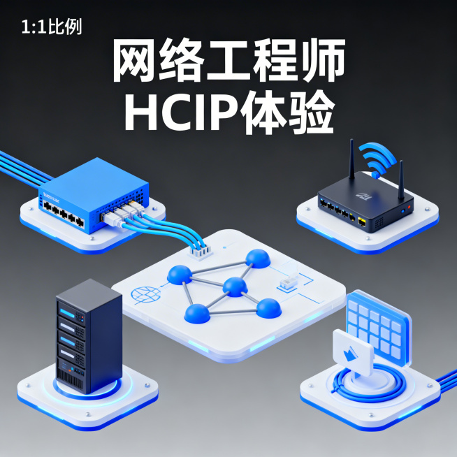 1:1比例IT培训风格宣传图，蓝白3D科技感，深灰渐变背景，主标题为"网络工程师HCIP体验"，搭配网络交换机、路由器、网线、服务器、网络拓扑图相关3D图标元素，整体简洁专业，符合IT职业培训展示风格预览效果