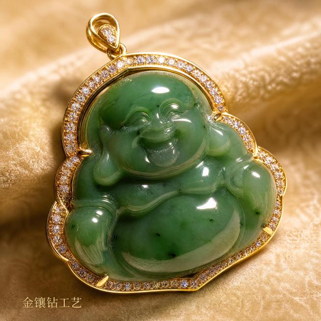 [主图-2] 和田玉碧玉大佛公吊坠工艺细节展示图。
[氛围风格] 精致微距质感，中式简约风格。
[画质] 商业珠宝微距摄影，细节清晰锐利，材质质感真实。
[元素] 保持和田玉碧玉大佛公吊坠产品外观、结预览效果