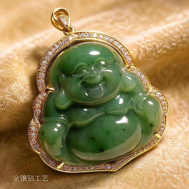 [主图-2] 和田玉碧玉大佛公吊坠工艺细节展示图。
[氛围风格] 精致微距质感，中式简约风格。
[画质] 商业珠宝微距摄影，细节清晰锐利，材质质感真实。
[元素] 保持和田玉碧玉大佛公吊坠产品外观、结构、材质、颜色与输入产品图绝对一致，杜绝变形色差；特写展示金镶钻包边工艺，钻石排列和焊接细节清晰，佛公雕刻面部表情细节放大呈现，玉石天然纹理和黑点自然保留；放置在浅香槟金绒布背景上，背景干净不抢主体。商品主体占比70%，画面满屏无边框。
[光影] 侧光打亮雕刻纹理和金属钻石，高光突出钻石火彩，玉石通透感自然呈现，明暗对比清晰，细节处不模糊。
[配色] 主色调浅香槟金，突出碧玉翠绿和黄金光泽。
[视角构图] 微距平视特写，焦点清晰落在包边和佛公面部，景深较浅，背景虚化。
[文字版式] 左下负空间标注小字"金镶钻工艺"，浅金色细体字，不遮挡工艺细节。
[比例分辨率] 1:1 比例，2048x2048 像素，4K分辨率，文字清晰。
[负向提示词] 变形，文字错乱，产品模糊，背景杂乱，水印，电商平台Logo，过度修图失真，遮挡细节。