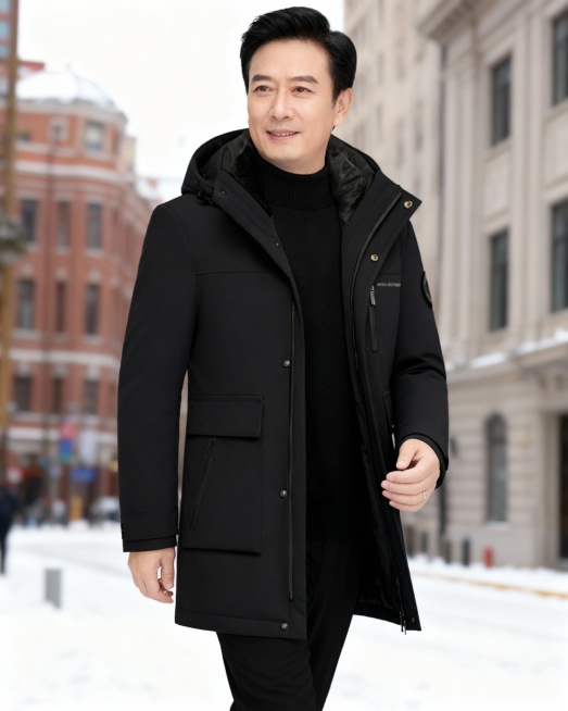 一个中国男性45岁模特穿上图片上的衣服，拍摄风格预览效果