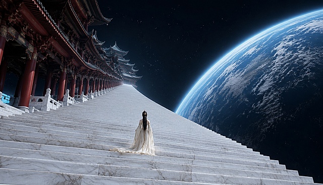 【构图】低角度侧透视纵深广角构图，画面左侧是连绵延伸的多层重檐中式宫殿长廊，粗壮哑光朱红立柱、黑瓦翘角飞檐、繁复木质斗拱，建筑依附巨型倾斜白玉阶梯向上铺展；整片宽阔倾斜哑光白玉天梯占据画面大半，阶梯中段仅有一位古装女子背影；阶梯右侧是纯粹漆黑真空宇宙，巨大弧形蓝色地球曲面横贯天际，星球表层清晰云层地貌，零星细碎星光散落在深空，渺小女子、连绵朱红天宫长廊、无边巨型白玉天梯、巨型蓝色行星四层辽阔尺度对比，强烈透视带来浩瀚磅礴纵深感
【人物刻画】白玉阶梯中段背身古装女子，乌黑长发搭配精致古风金饰发簪，身着哑光浅米白鎏金镶边广袖拖地古风长裙，飘逸衣摆垂落在白玉石阶，孤身独自沿巨型天梯向天宫深处行走，浅淡纱衣在冷白大理石、暗红立柱、深蓝星球与暗黑星空衬托下柔和圣洁，身形极其微小反衬无边天梯、连绵宫殿与巨型星际星球的宏大体量
【朱红立柱天宫长廊与巨型倾斜白玉天梯】
1. 朱红古风长廊：左侧层层递进中式回廊殿宇，通体哑光朱红立柱，雕花木质斗拱、层叠黑瓦飞檐，传统宫廷建筑结构沿阶梯无限向远方延伸，整座宫殿无地面支撑，悬浮于真空宇宙；
2. 巨型倾斜白玉天梯：整块天然浅灰纹理哑光白玉打造超宽倾斜阶梯步道，石阶宽阔厚重，石材干净细腻无磨损，强透视线条向天际远端收窄消失，极简冷白几何阶梯与暗红古建筑、暗黑深空形成强烈视觉碰撞
【真空深空与弧形蓝色地球】
1. 漆黑真空宇宙：阶梯右侧全域纯粹死寂真空空间，无大气、云雾、岩石、植被、地面，只有零星微弱星点；
2. 巨型弧形蓝色行星：画面右侧巨大完整弧形蓝色气态星球，清晰可见地表云层、大陆纹理，一层淡蓝色大气光晕包裹星球边缘，无繁杂彩色星云，干净清冷太空质感
【天光氛围】
全域冷调宇宙漫射柔光，无暖日光、无彩色光源，整体色调以冷白白玉、暗红立柱、浅米鎏金汉服、深蓝星球、纯黑深空为主，低饱和清冷配色，中式天宫天梯悬浮星际虚空，融合东方古风仙侠与硬核太空科幻，氛围苍茫孤寂、神圣恢弘
【渲染参数】UE5电影级8K超写实渲染，垂坠哑光浅米鎏金镶边古风长袍、哑光朱红立柱木质斗拱雕花肌理、天然浅灰纹理白玉天梯石材、巨型行星表层云层大陆细节、深空细碎星光全部高精度刻画；无畸形人体、无西式机甲飞船、无字幕水印文字、无开裂破损殿宇天梯、无刺眼彩色霓虹强光、无花草树木植被、无地面山川土壤、无暖黄日光、无彩色极光